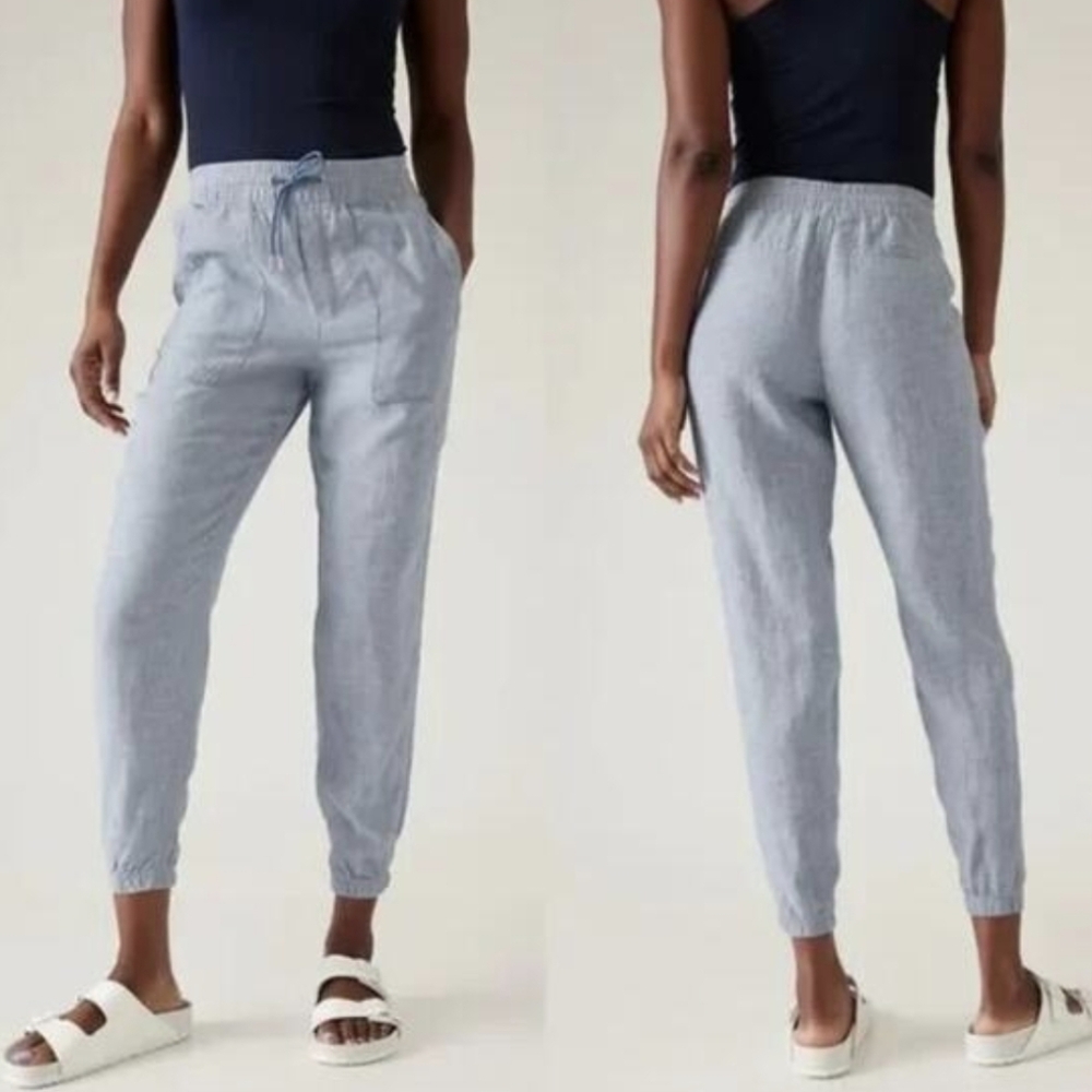 Athleta Retreat 100% Linen Elastic Waist Jogger Size 8 Chambray Blue 521704 EUC